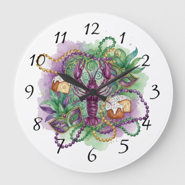 Mardi Gras Watercolorfirande  Stor Klocka (Framsida)