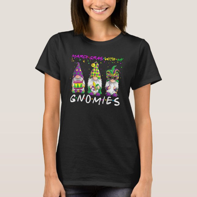 Mardi Gras With My Gnomies Three Gnome Mask Beads T Shirt (Framsida)