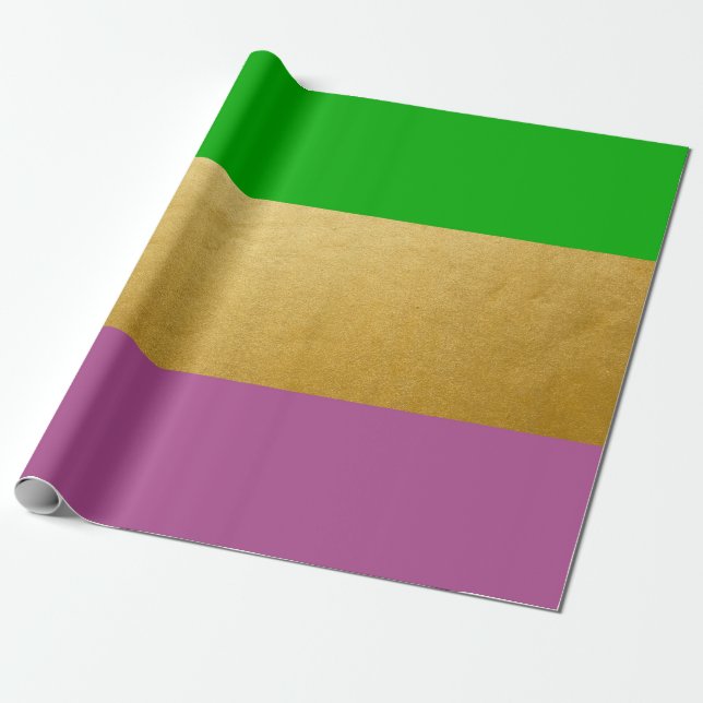 Mardi Gras Wrapping Grönt Lila Guld Gult Presentpapper (Utrullad)
