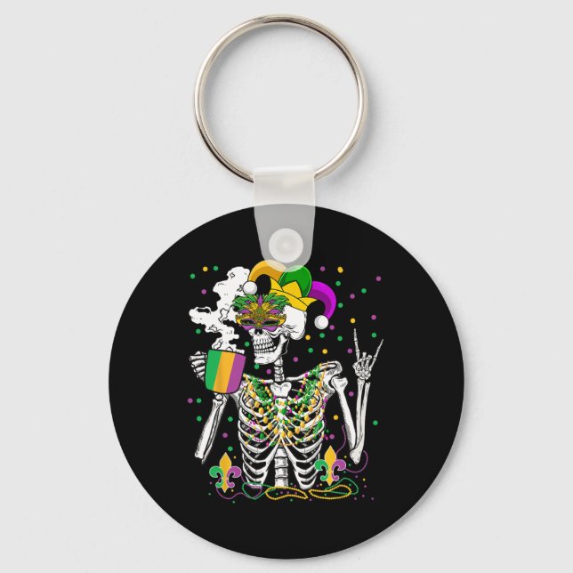 Mardi Gras X-ray Skeleton Drinking Coffee Cute Hea Nyckelring (Framsida)