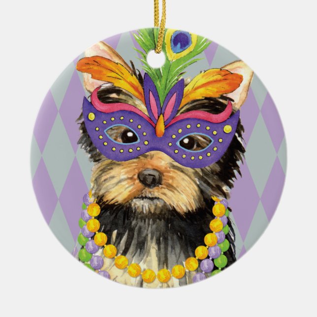 Mardi Gras Yorkie Julgransprydnad Keramik (Framsidan)