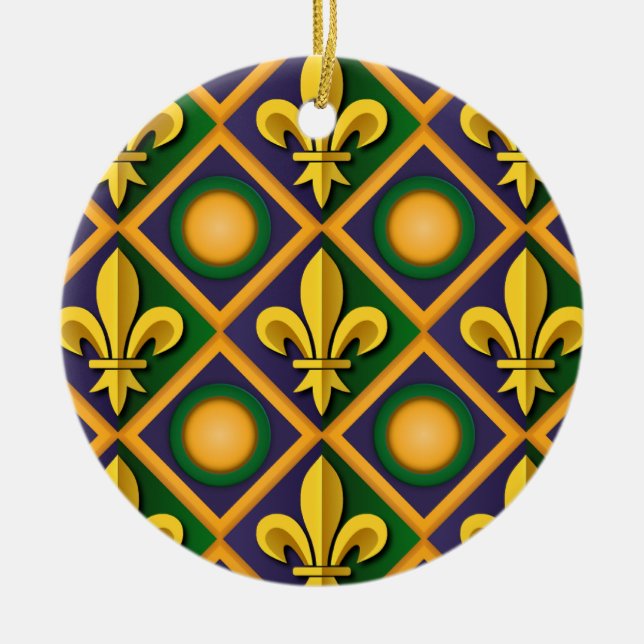 Mardi grass pattern with golden fleur-de-lis julgransprydnad keramik (Framsidan)