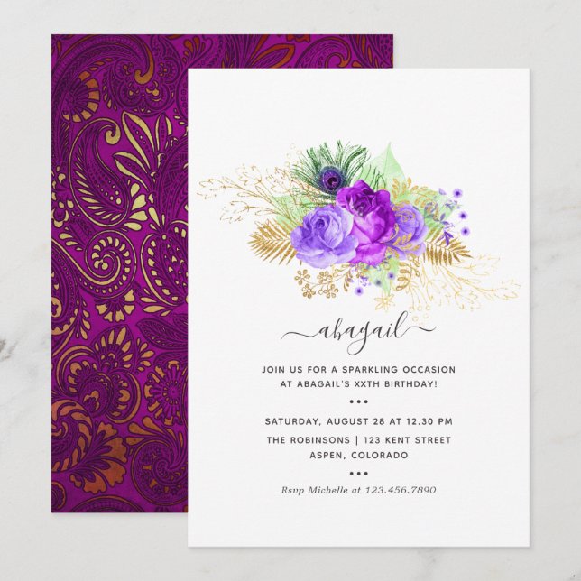 Mardi GrasTropical Peacock Födelsedagsfest Invati Inbjudningar (Fram/baksida)