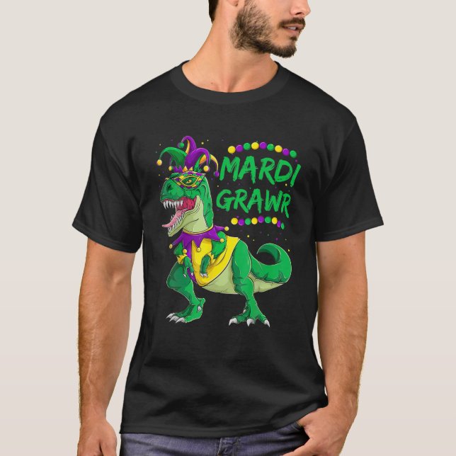 Mardi Grawr Dino Jester Outfit, Mardi Gras T Rex K T Shirt (Framsida)