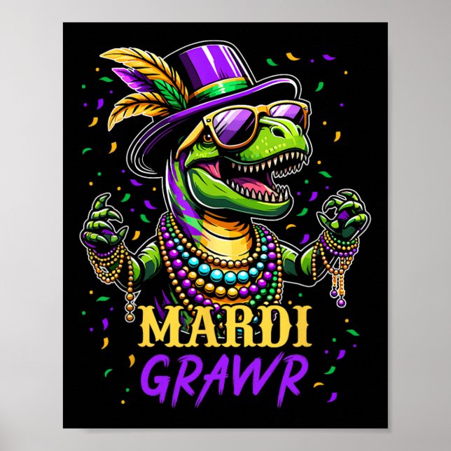 Mardi Grawr T Rex Dinosaur Mardi Gras Bead Costume Poster (Framsidan)