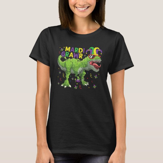 Mardi Grawr T Rex Dinosaur Mardi Gras Bead T Shirt (Framsida)