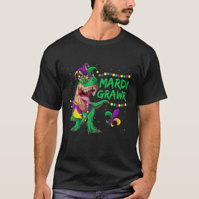 Mardi Grawr T Rex Mardi Gras Bead Costume Gift Shirt (Framsida)