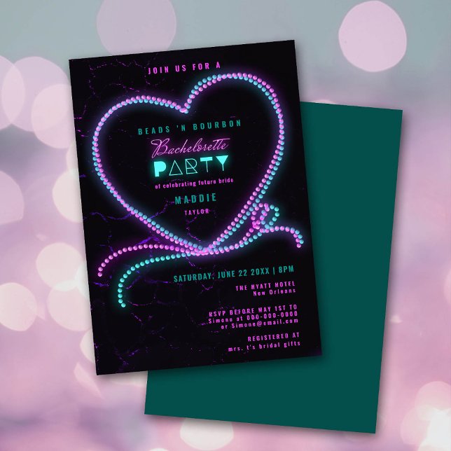 Mardi Pärlor Bourbon Neon Heart Bachelorette Party Inbjudningar (Skapare uppladdad)