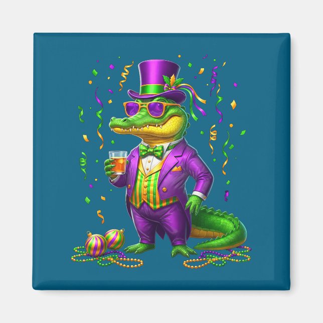 Mardigator Rolig Mardi Gras Alligator Illustration Magnet (Framsidan)