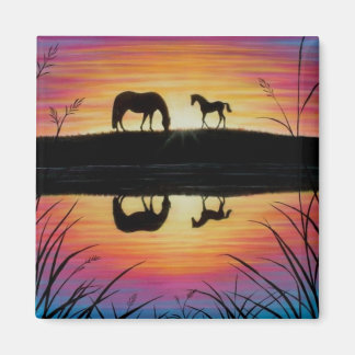 Mare och Foal Sunrise-hästmagnetkvadrat Magnet