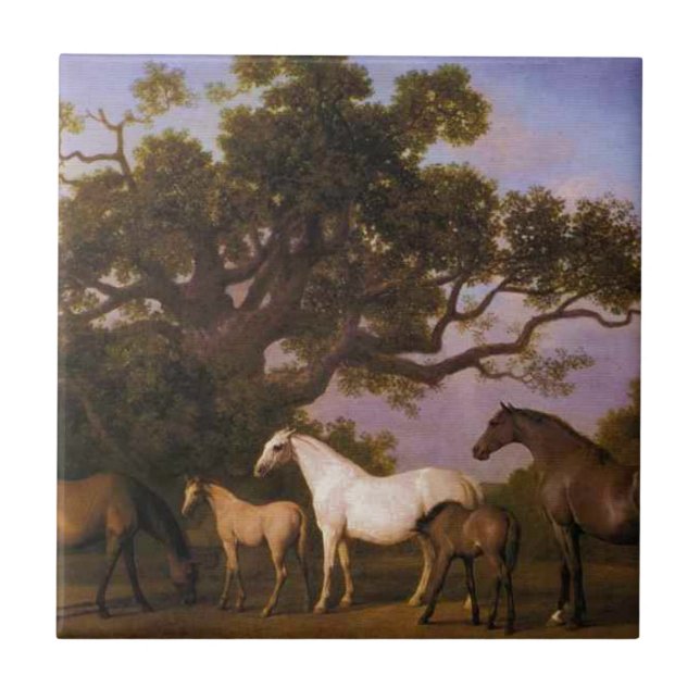 Mares och föl under ett Oakträd av George Stubbs Kakelplatta (Framsidan)