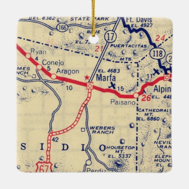 Marfa TX Vintage Karta Julgransprydnad Keramik (Baksida)