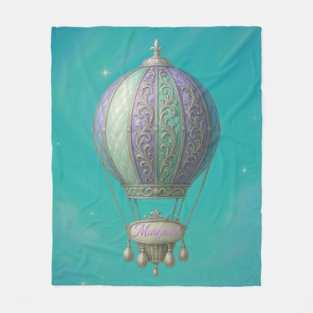 Margaret Personalized Teal Starry Hot Air Balloon  Fleecefilt (Framsidan)