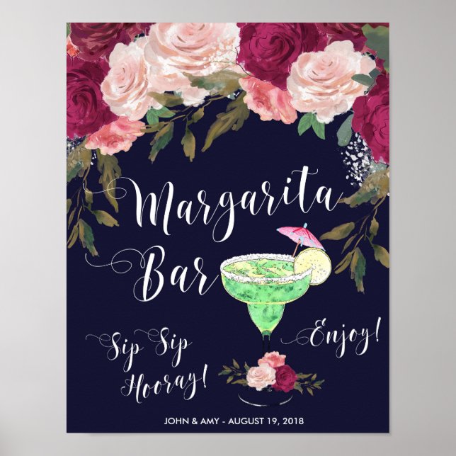 Margarita bar skylt vigsel marin rosa blommig (Framsidan)