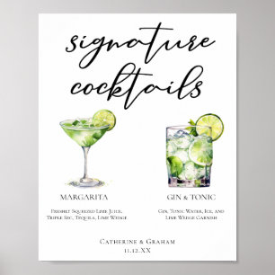Margarita Gin & Tonic Namnteckning Cocktails Menu Poster