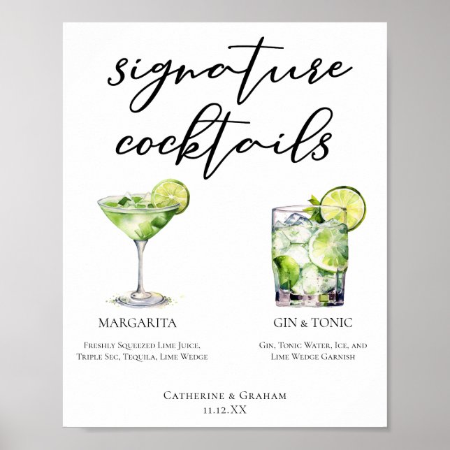 Margarita Gin & Tonic Namnteckning Cocktails Menu Poster (Framsidan)