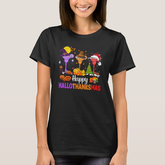Margarita Glass Witch Santa Hat Fall Lycklig Hallo T Shirt (Framsida)