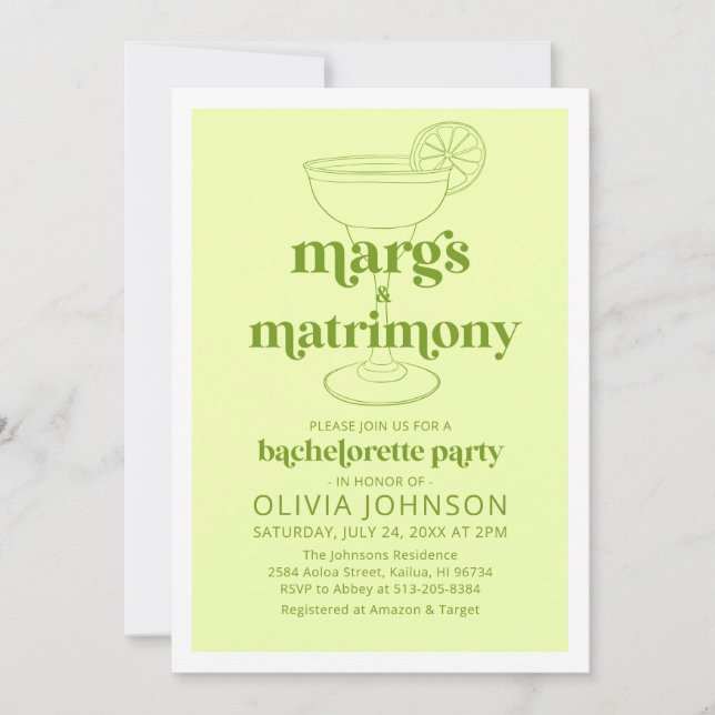 Margarita Margs & Matrimony Cocktail Bachelorette Inbjudningar (Framsida)