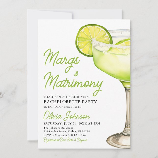 Margarita Margs & Matrimony Cocktail Bachelorette Inbjudningar (Framsida)