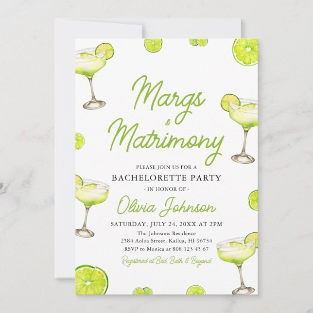 Margarita Margs & Matrimony Cocktail Bachelorette Inbjudningar (Framsida)