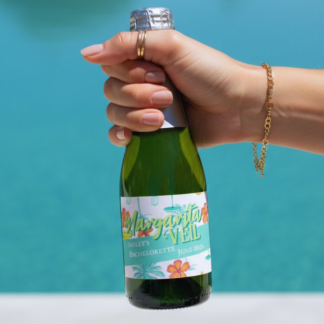 Margarita Slöja Tropisk Möhippa (Margarita Veil Bachelorette Party Illustrated Sparkling Wine Label)