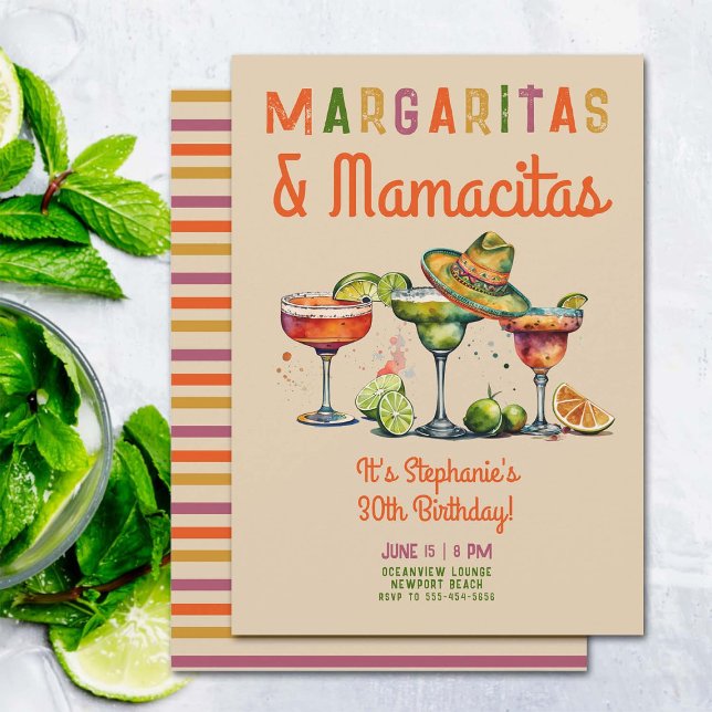 Margaritas Mamacitas Colorful Fiesta 30års födelse Inbjudningar (margaritas mamacitas 30th birthday party invitation fiesta theme cocktails colorful watercolor)