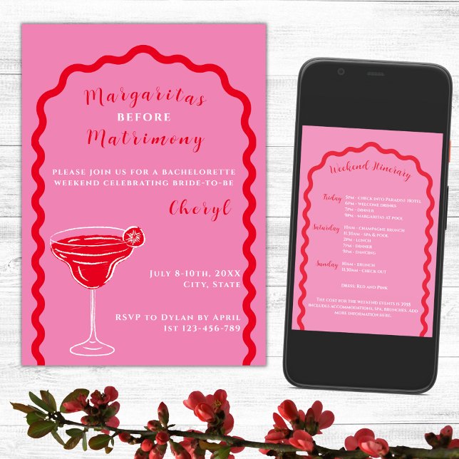 Margaritas och Matrimony Bachelorette Helg Inbjudningar (Margaritas And Matrimony Bachelorette Weekend Itinerary Hot Pink And Red Wavy Arch)