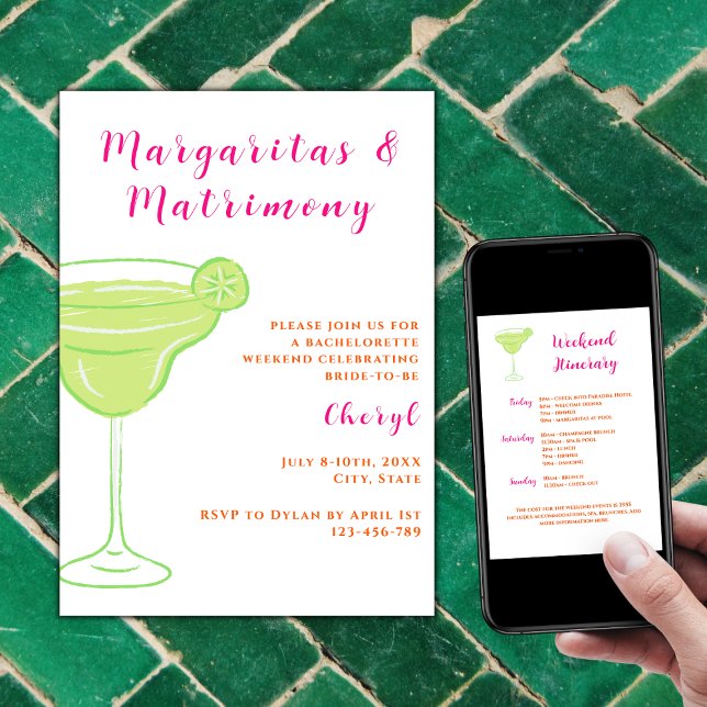 Margaritas och Matrimony Bachelorette Helg Inbjudningar (Margaritas and Matrimony Bachelorette Weekend Itinerary Vibrant Hot pink and orange)