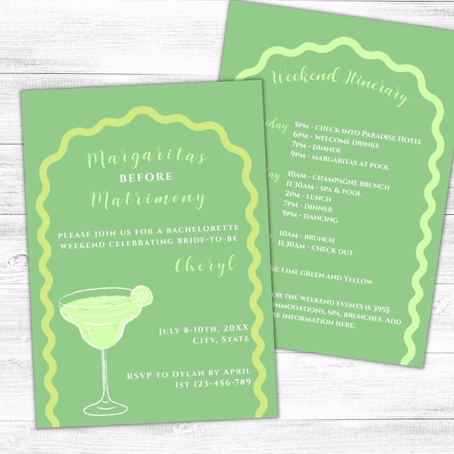 Margaritas och Matrimony Bachelorette Helg Inbjudningar (Margaritas and matrimony bachelorette weekend lime green wavy arch margarita glass)