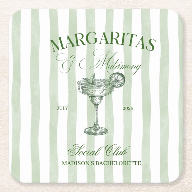 Margaritas och Matrimony Stripe Bachelorette Underlägg Papper Kvadrat (Framsidan)