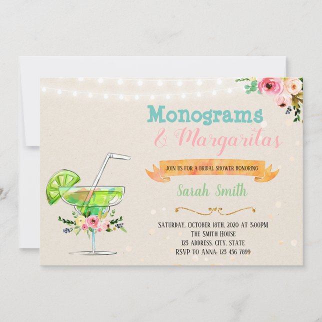 Margaritor och monogramspartyinbjudan inbjudningar (Framsida)