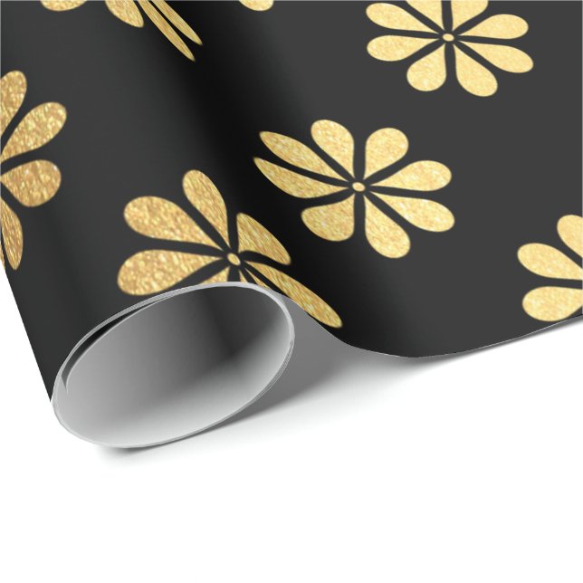 Margerite Flower Guld Petals Black Elegant Presentpapper (Rullad Hörn)