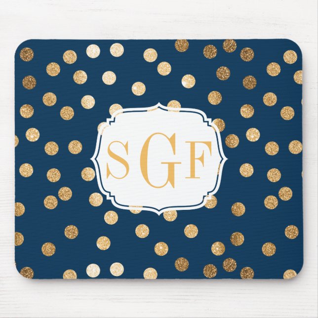Marginalblått och Guld Glitter-priter Monogrammed Musmatta (Framsidan)