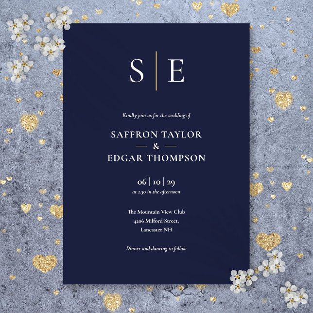 Marginalblått och Guld Monogram Bröllop Inbjudningar (Navy Blue And Gold Monogram Wedding Invitation)