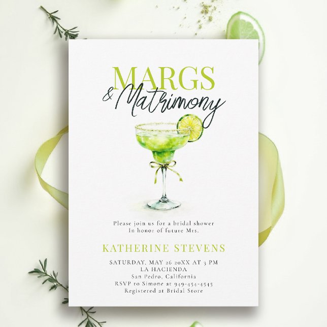Margs Äktenskapliga Margaritas Lime Chic Bröllopsf Inbjudningar (margs and matrimony bridal shower invitation design modern watercolor calligraphy elegant fun)