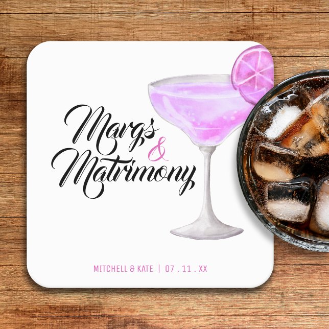 Margs & Bröllopsrosa Bröllopsdusch Underlägg Papper Kvadrat (Margs & Matrimony Pink Bridal Shower Square Paper Coaster
)