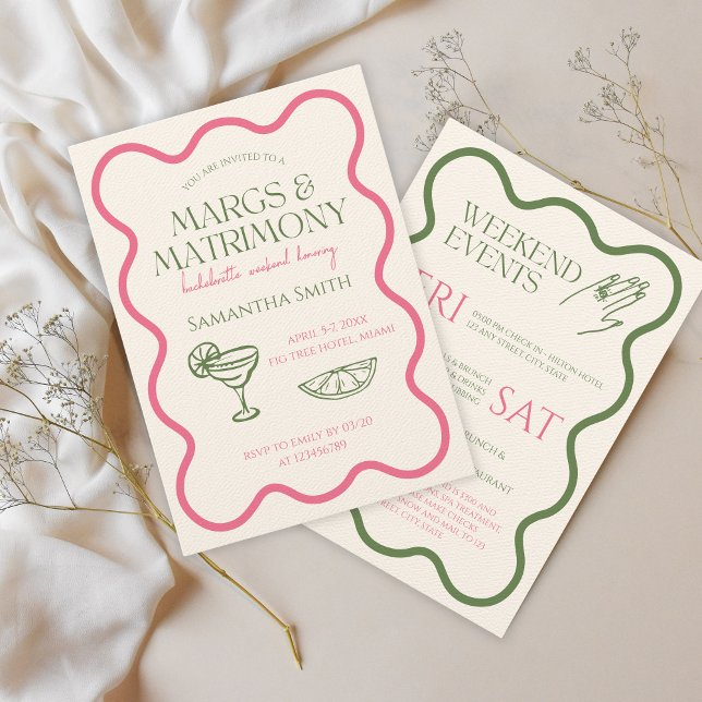 Margs & Matrimony Bachelorette Helg Hand plockade Inbjudningar (Margs & Matrimony Bachelorette Weekend Invitation Hand Illustrated Green and Pink)