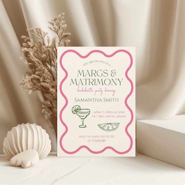 Margs & Matrimony Bachelorette Party Hand plockade Inbjudningar (Margs & Matrimony Pink and Green Bachelorette Party Invitation Wavy Frame Hand Drawn Funky)