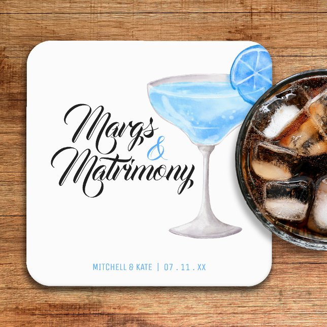 Margs & Matrimony Blå Bröllopsfest Underlägg Papper Kvadrat (Margs & Matrimony Blue Bridal Shower Square Paper Coaster
)