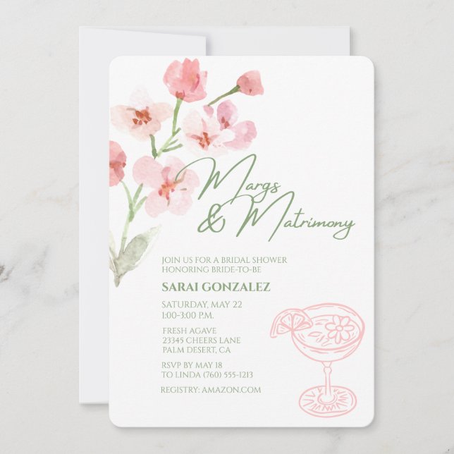 Margs & Matrimony Bröllopsdusch Rosa & Sageblomma Inbjudningar (Framsida)