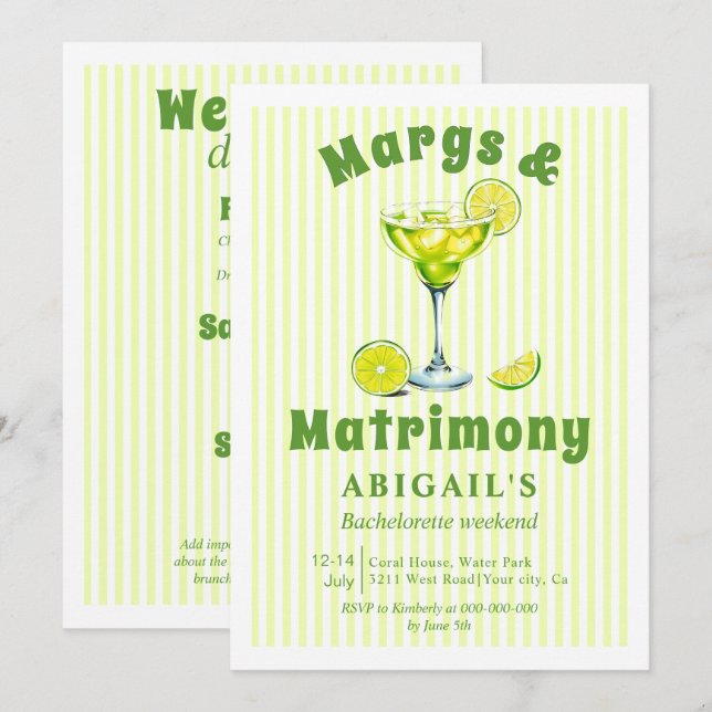 Margs & Matrimony cocktail bachelorette helg Inbjudningar (Fram/baksida)