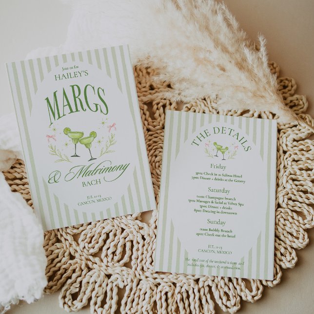 Margs & Matrimony Gammal Pengar Möhippa Itinerary Inbjudningar (Margs & Matrimony Old Money Bachelorette Itinerary Invitation)