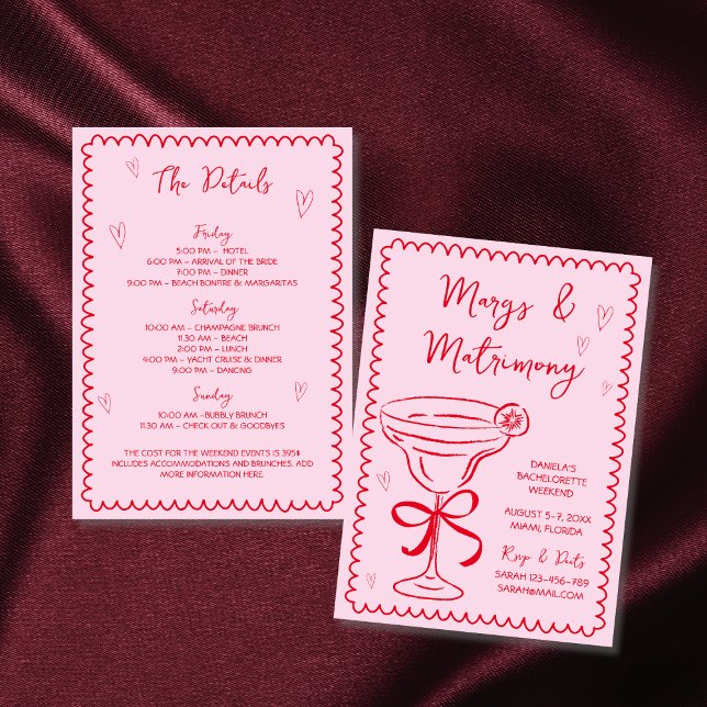 Margs & Matrimony Hand plockade Bachelorette Helg Inbjudningar (Margs & Matrimony Hand Drawn Bachelorette Weekend Invitation handwritten scribble doodles pink red)