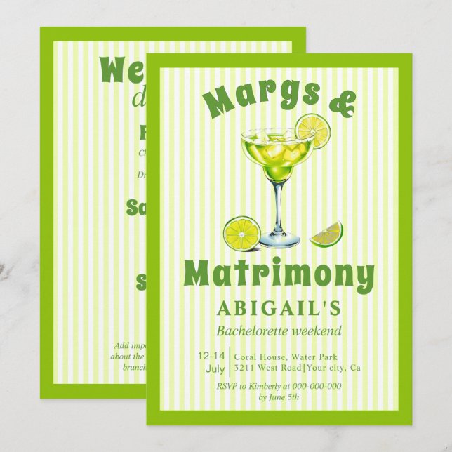 Margs & Matrimony lime green bachelorette helg Inbjudningar (Fram/baksida)