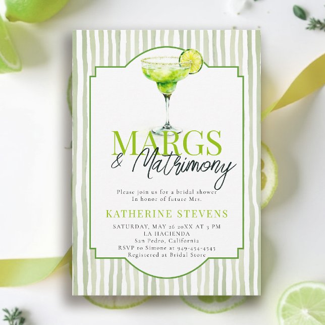 Margs Matrimony Margarita Bistro Bröllopsdusch Inbjudningar (margs and matrimony bridal shower invitation design modern watercolor calligraphy bistro stripes)