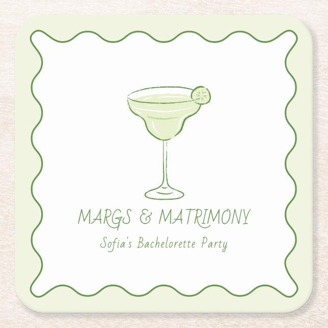 "Margs & Matrimony" Modern Lime Bachelorette Party Underlägg Papper Kvadrat (Framsidan)