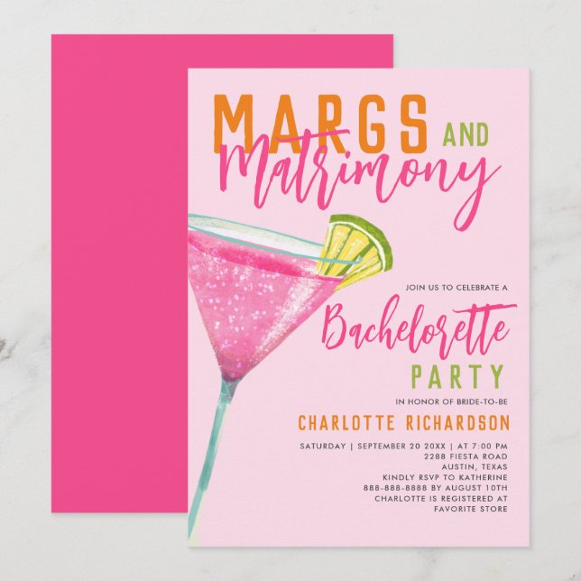 Margs & Matrimony Rosa Margarita Bachelorette Bash Inbjudningar (Fram/baksida)