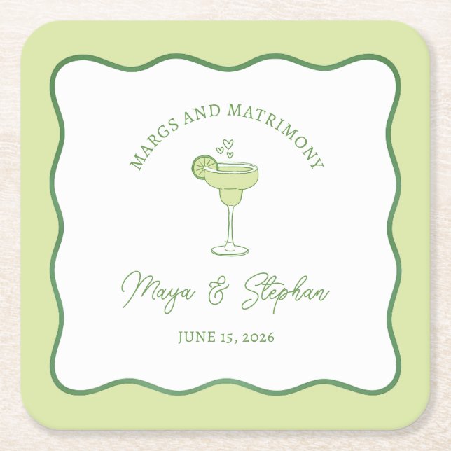 "Margs & Matrimony" Simple Lime Margarita Wedding Underlägg Papper Kvadrat (Framsidan)