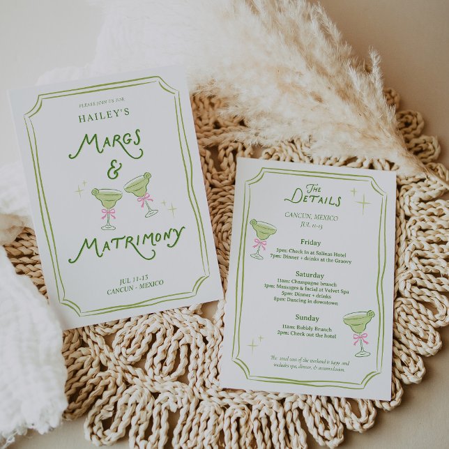 Margs & Matrimony Systerbrud Itinerary Inbjudningar (Margs & Matrimony Bachelorette Invitation – Margarita Theme Party Invite, Fun Bridal Shower Invite, )