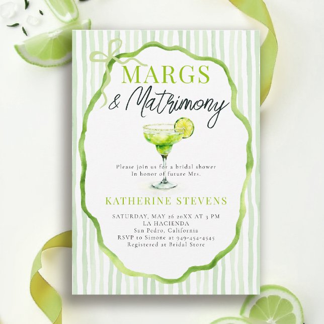 Margs Möhippa Margarita Bistro Bow Bröllopsdusch Inbjudningar (margs and matrimony bridal shower invitation design modern watercolor calligraphy stripes bow)